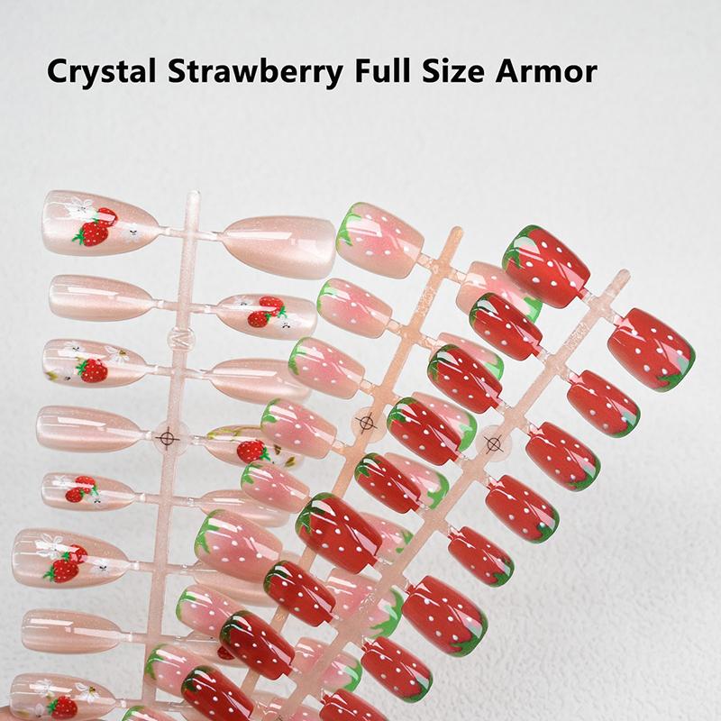 30Pcs Cat Eye False Nails Wearing Armor Wearable Watermelon Strawberry Fake Nails Simple Artificial Press On Nails Tips Nail Art