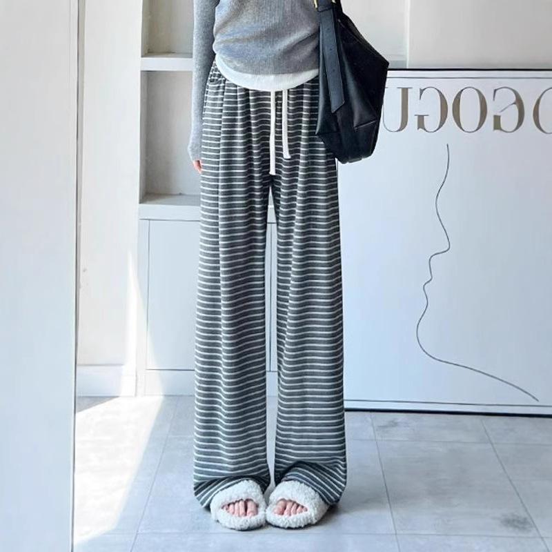 Petite Korean Striped High-Waist Casual Wide-Leg Pants for Spring & Autumn