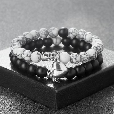2pcs/set Natural Stone Beaded Bracelet For Couple Heart Magnet Buckle Wristband Distance Friendship Lovers Fashion Jewelry Gifts