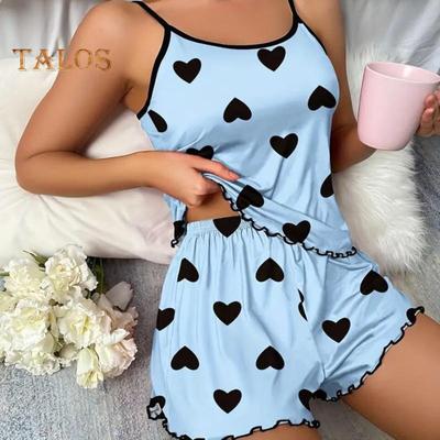 Damen Cami Pyjama Set Ärmelloses Tanktop mit Herzprint und Rüschenshorts Schlafanzug Set Sommer Zweiteiliger Loungewear Anzug