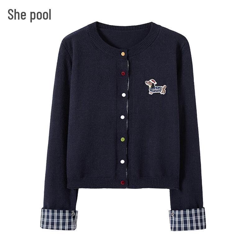 

Женский укороченный вязаный топ с круглым вырезом, длинными рукавами и клетчатой лоскутной вставкой One Size