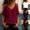 Women Half Sleeve V Neck Cold Shoulder Leopard Patchwork T-shirt Blouse