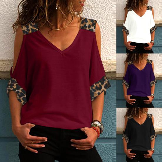 Women Half Sleeve V Neck Cold Shoulder Leopard Patchwork T-shirt Blouse