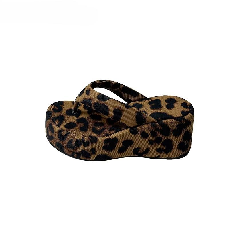 Leopard Platform Women's Slippers Clip Toe Wedges Heel Summer Slides Casual Thick Bottom Street Style Shoes