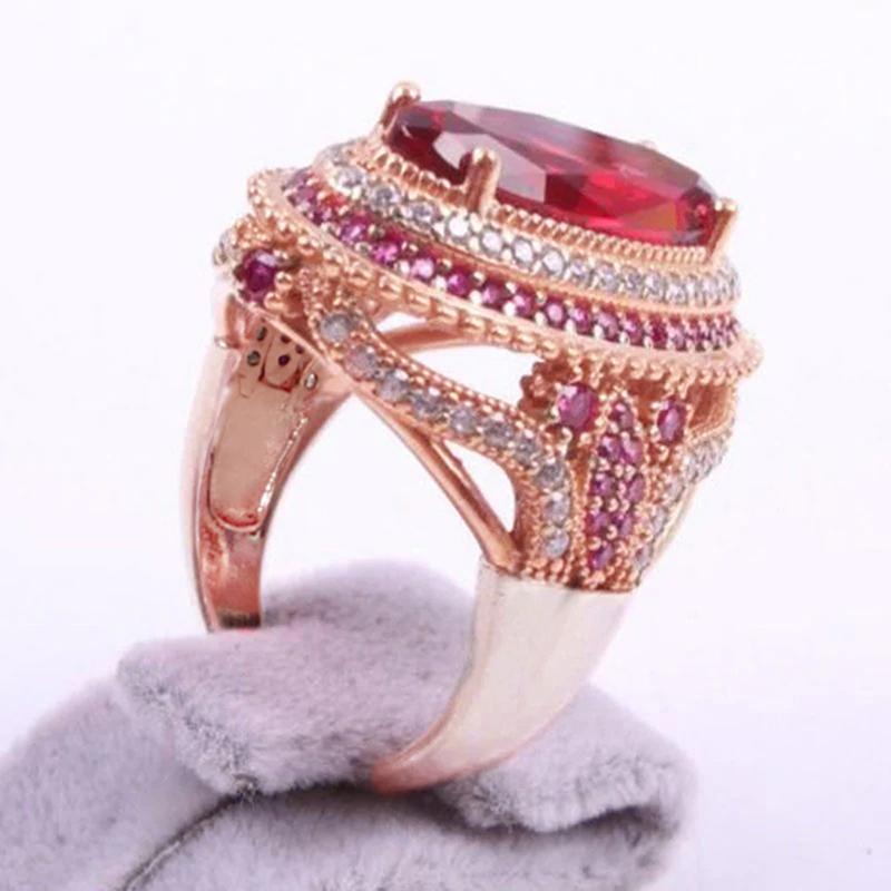 Huitan Gorgeous Big Oval Red Cubic Zirconia Women's Rings Rose Gold Color Wedding Accessories Temperament Elegant Lady