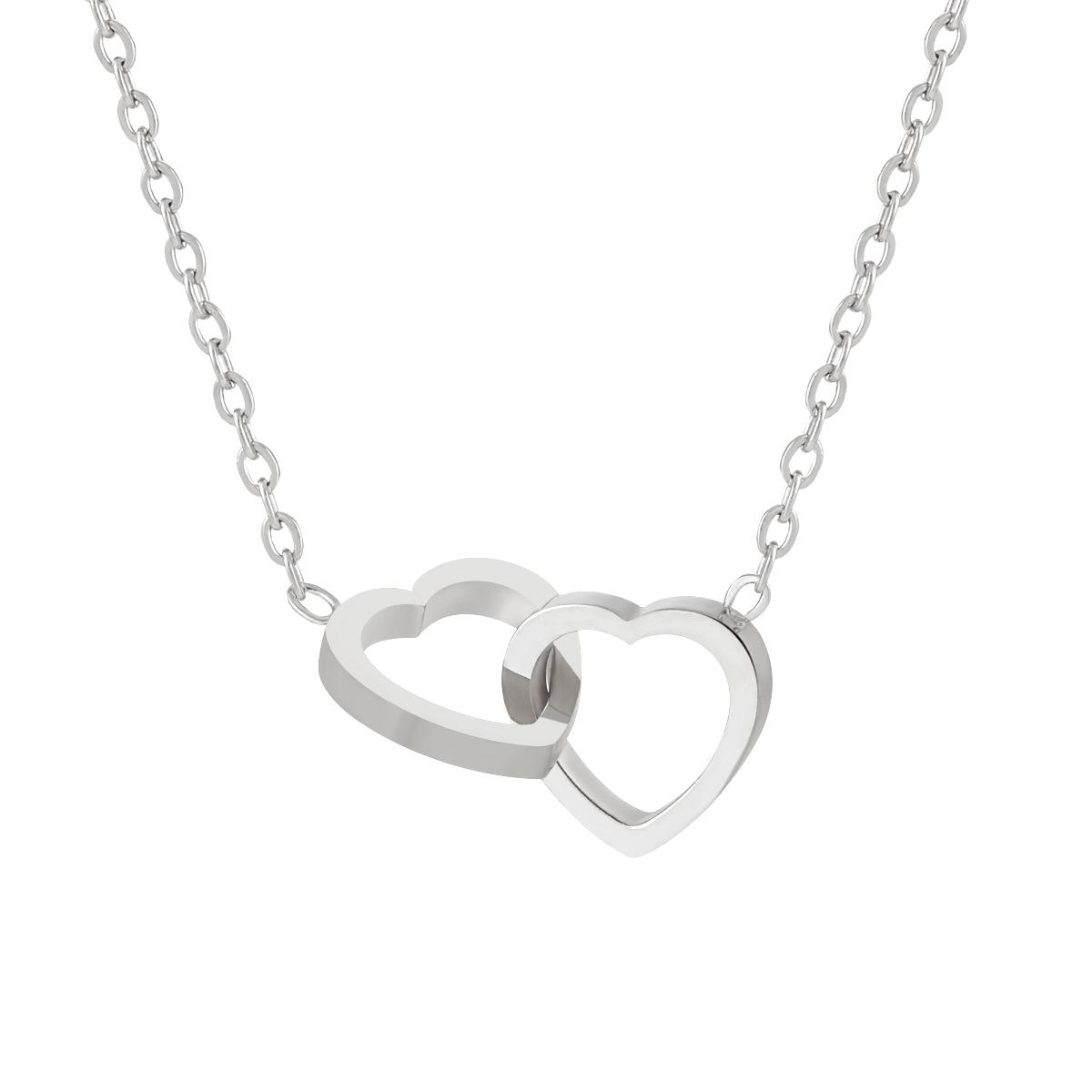 Double Love Heart Clavicle Chains Short Neck Chains Girls Heart Pendant Stainless Steel Choker Necklace for Women 40cm