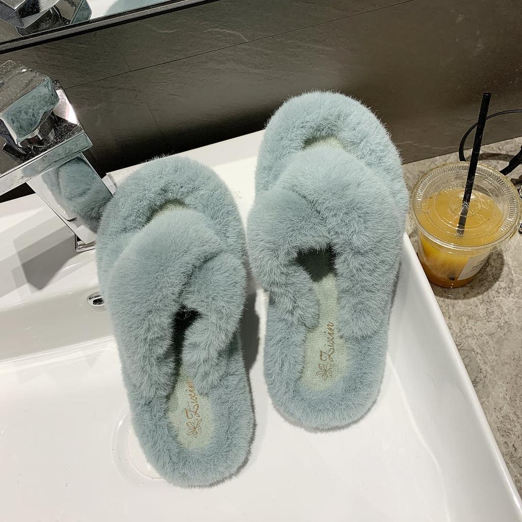 Mao Mao slippers women's 2025 autumn new cross thick-bottomed imitation rabbit fur flat-bottomed casual outer wear one-word home slippers