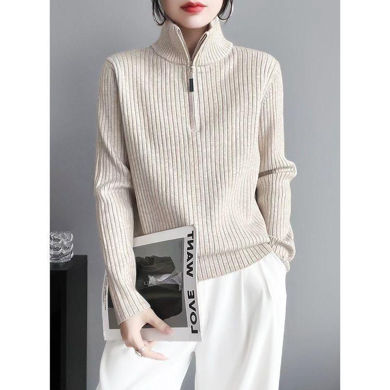 Autumn Winter Solid Color Pullover Zipper Long Sleeve Sweater Knitted Elegant Women's Clothing Half Open Collar All-match Tops