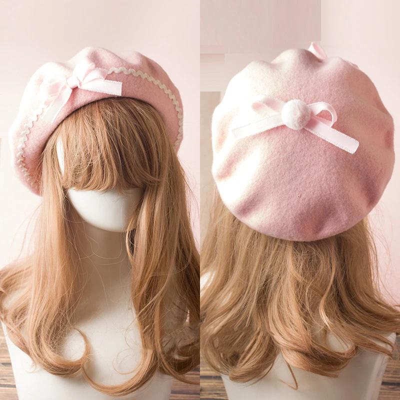 Handmade Women Wool Felt Beret Lolita Girls Cute Hat With Raised Bowknot Painter Beanie Cap