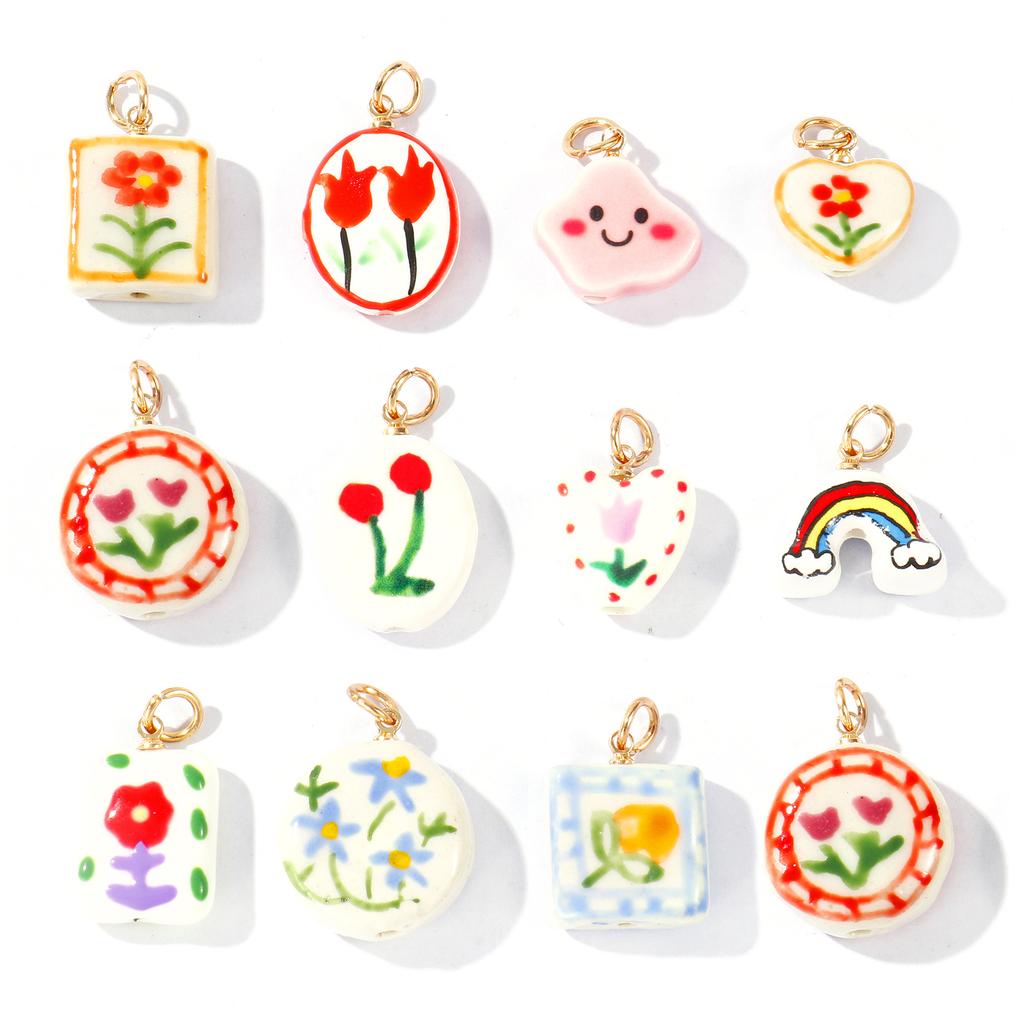 2 Pcs Ceramic Charms Multicolor Flower Rainbow Hand Drawing Double Sided Brass 18K Gold Plated Pendants For DIY Necklace Making