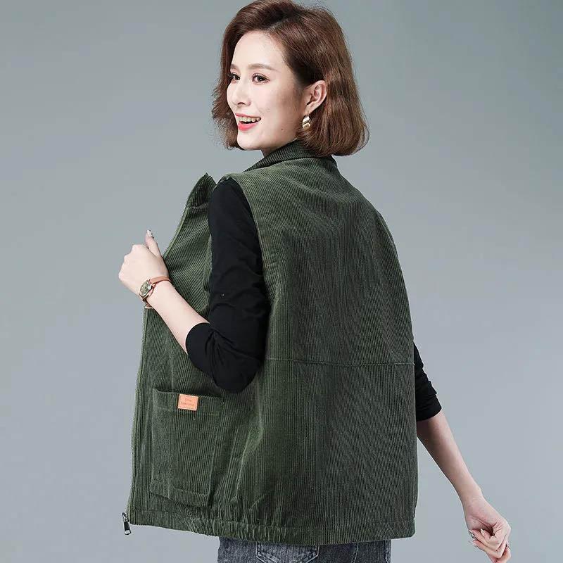 Spring and Autumn Middle-aged Vest Female Mothers Wear Lapel Outer Wear Corduroy Vest Solid Color Sleeveless Jacket