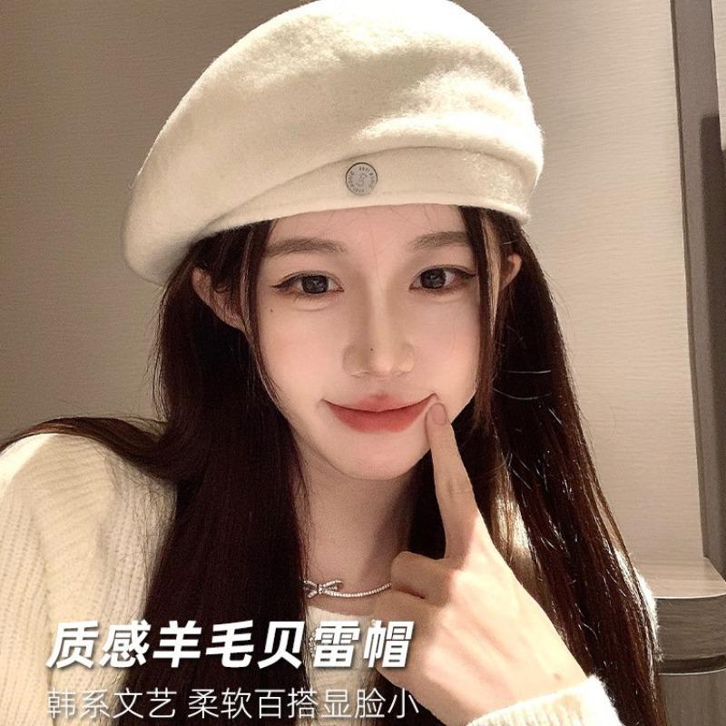 White wool beret woolen hat autumn and winter women's versatile face small painter hat women's high sense