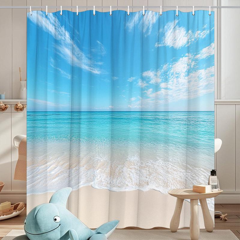 Waterproof Shower Curtain with a Serene Beach Scene Bringing the Calmness of Ocean Waves and Blue Skies to Your Bathroom