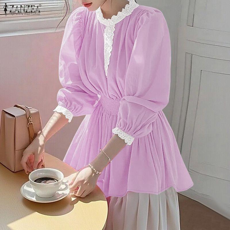 ZANZEA Women Lace Splice Stand Collar Casual Long Sleeve Blouse