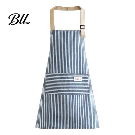 Comfortable Housework Apron Adjustable Bib with Large Patch Pocket Cotton Linen Stripe Vertical Cooking Breathable Oil-Resistant Kitchen for Men Women синий