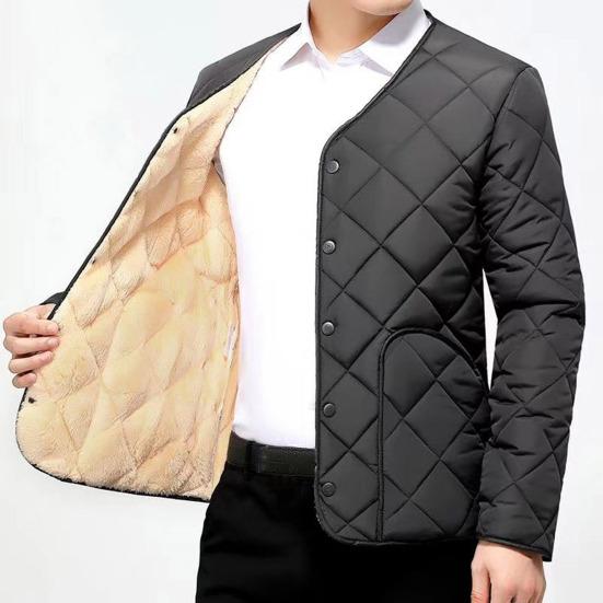 Men Cotton Coat O-Neck Long Sleeve Diamond-Shaped Stitching Button Placket Coat Solid