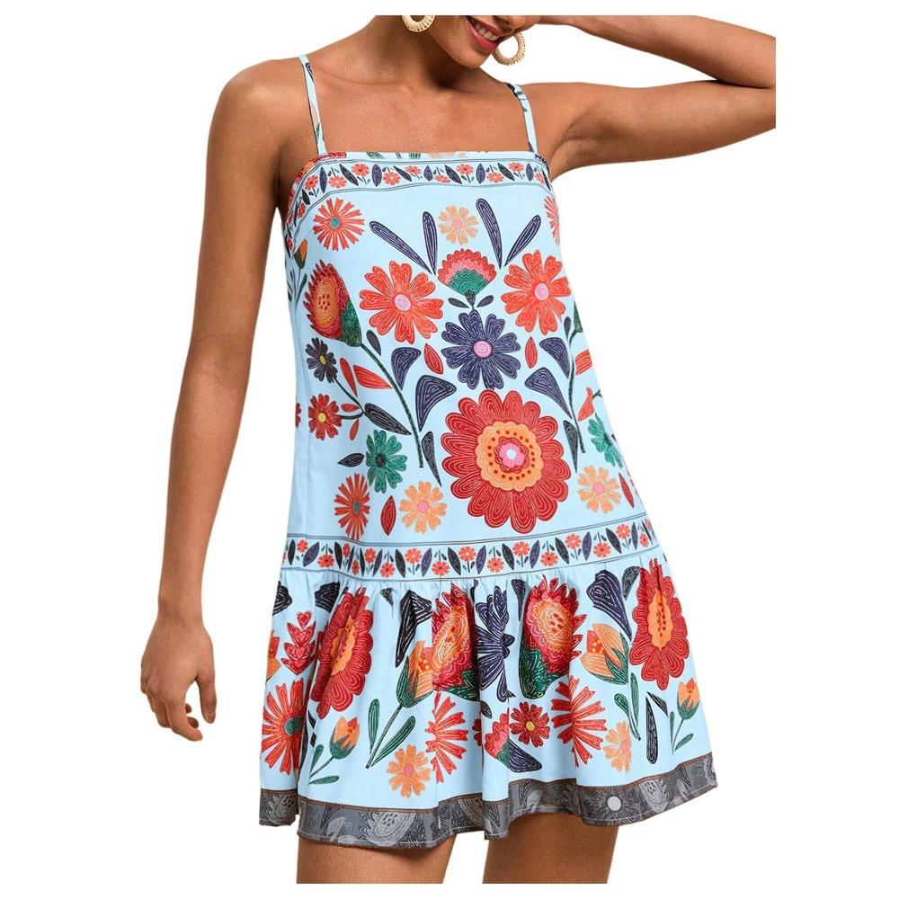 Women s Square Neck Sleeveless Mini Dress Loose Fit Elastic Waist Boho Floral Print Casual Sundress S