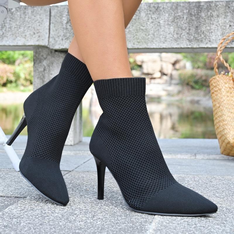 Fashion Temperament Skinny Boots Women's Fashion Pointed Toe Mesh Breathable Sleeve Anti-Slip Wear-Resistant Slim Heel Shorthole