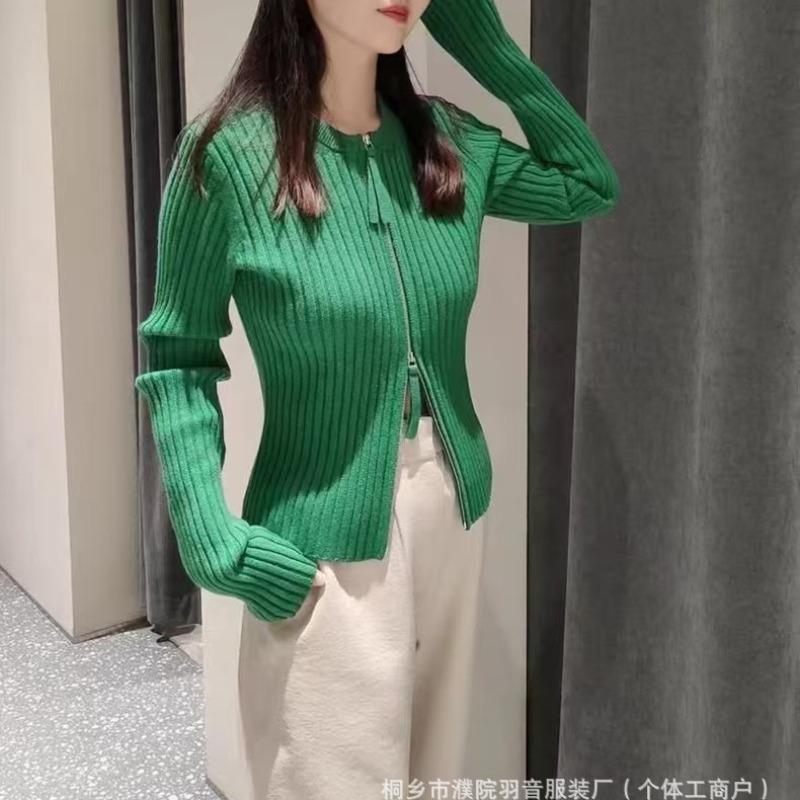 Knitted Knit Sweater with Zipper Slim Fit Sweater Early Autumn Women's Top Round Neck