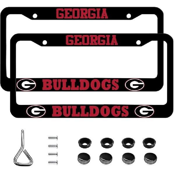 2-Piece License Plate Frames for Georgia Bulldogs, 2 Holes Matte Black License Plate Holder for UGA, Universal Aluminum Car Tag Plate Frames with Sliver-Black