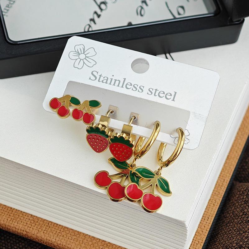 Strawberry Cherry Titanium Steel Earrings - Women's Sweet Versatile Jewelry