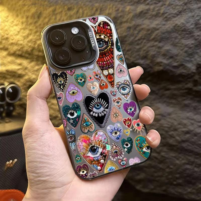 Evil Eye Glossy Heart Pattern Electroplate Silver IMD Phone Case For iPhone 16 Pro Max 15 14 13 12 11 7 8 16 Plus X XS XR Cover