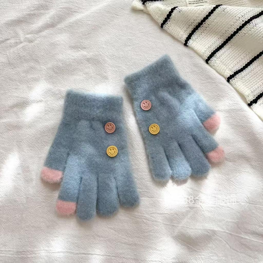 7-12 Year Old Children Button Five Fingers Warm Korean Version Smiley Face Baby Wool Boys and Girls Students Cold-proof Knitted Gloves