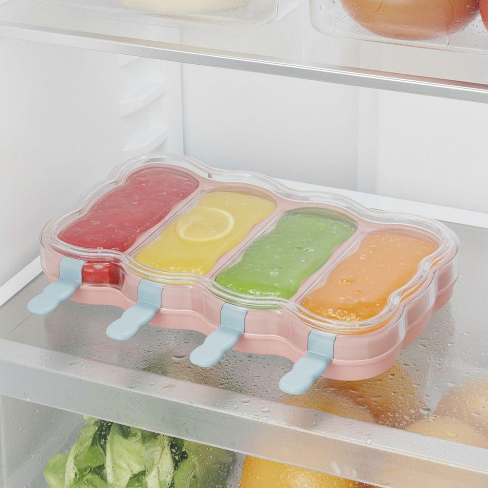 with Lid 4 Grid Ice Cream Mold Plastic Ice Lolly Mould Household Ice Candy Mold Baby Food