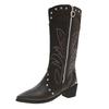Fashion Retro Pointed Toe Chunky Heel Western Cowboy Boots Women Spring Autumn Side Zipper Rivets Embroidery V-mouth Long Knight Botas