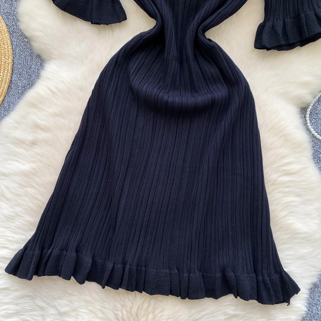 Elegant O-neck Short Sleeves Chic Ruffle Vintage Knitted Slim Long Dress French High Street Women Autumn Winter Elastic Clothing