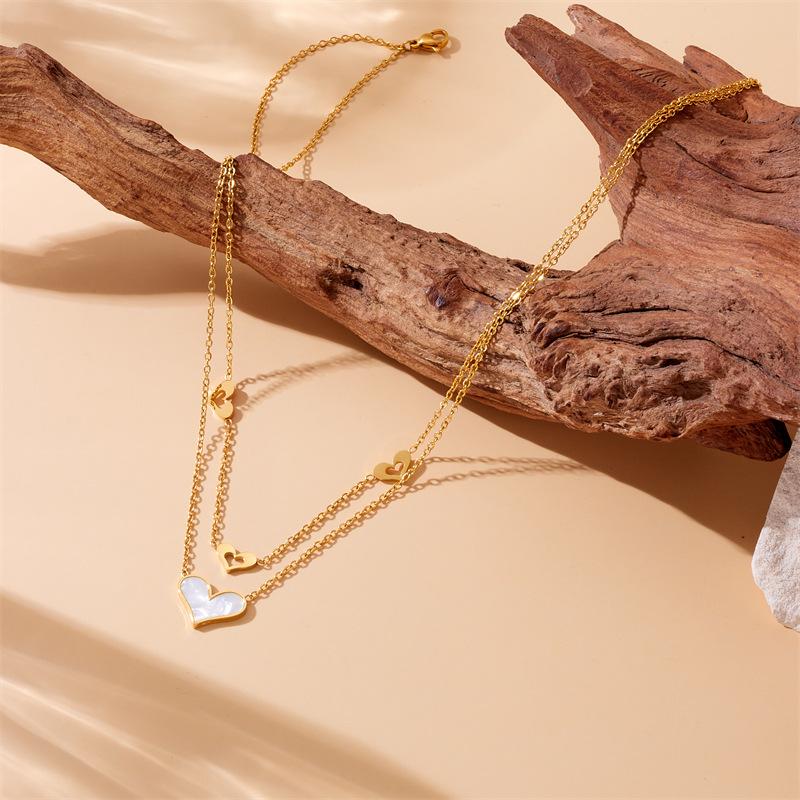 Gold Plated Mother of Pearl Heart Double Layer Necklace, Stainless Steel Dainty Hollow Heart Pendant Choker, Waterproof Jewelry for Women Gift