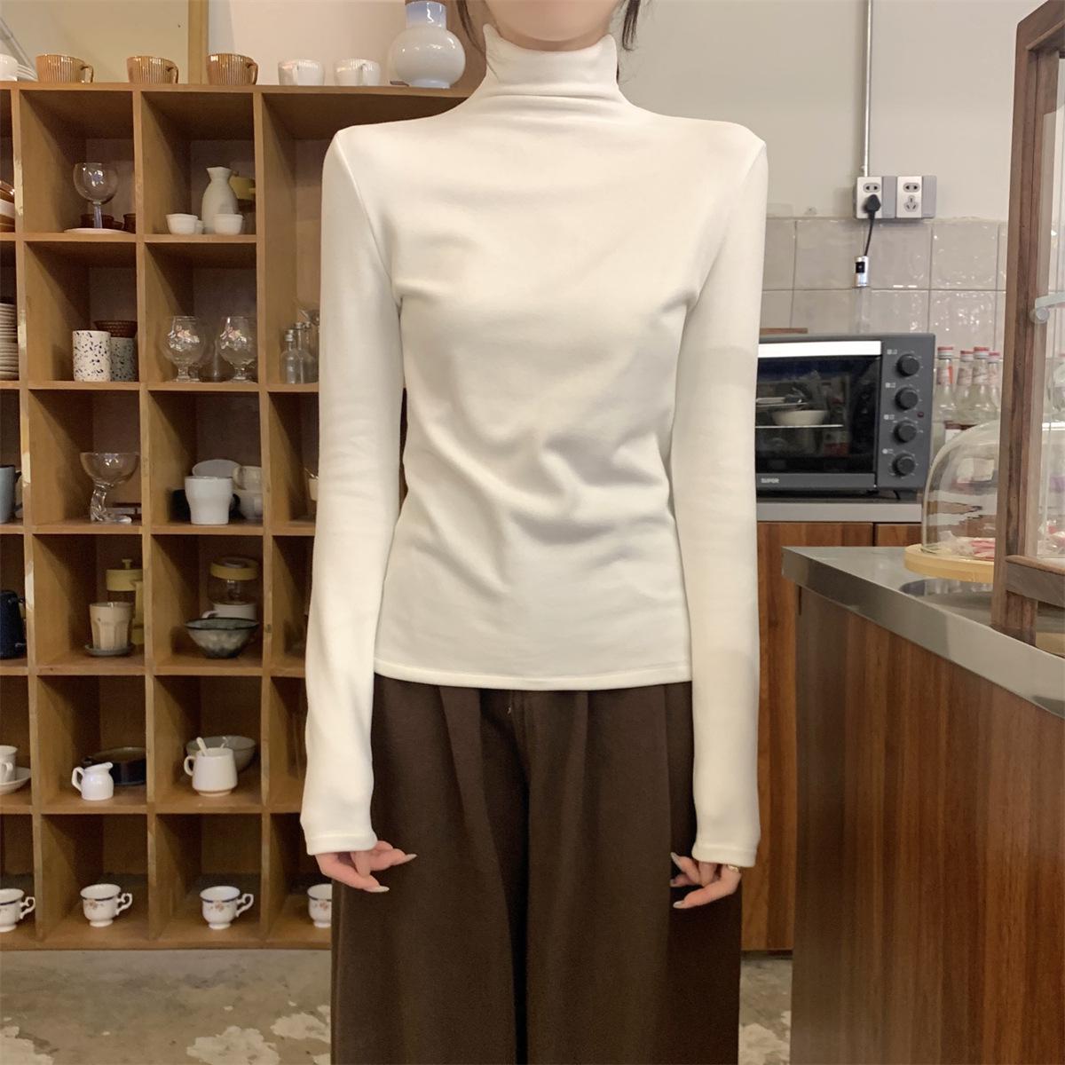 

2026 Korean Style Thermal Fleece Slim Fit Half-High Collar Long Sleeve T-Shirt for Women Medium белый
