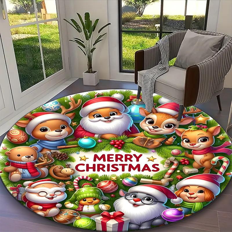 [Merry Christmas Printed Carpet] Non-slip Office Rug, Cozy Round Carprt for Living Room Use, Soft Home Sofa Chair Mat
