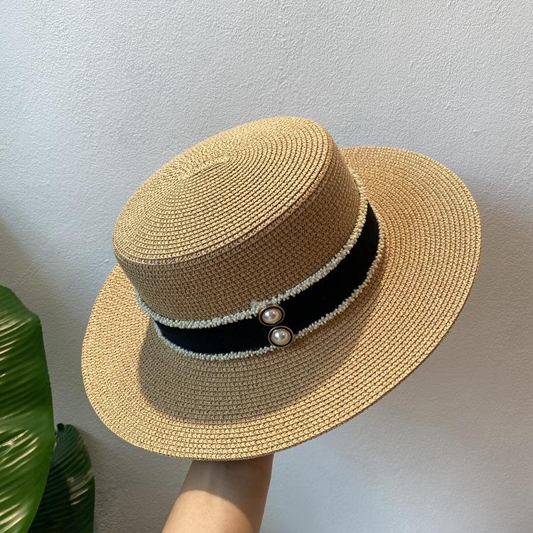 Spring and summer flat top top hat sticker straw woven big eaves hat seaside vacation straw hat sun protection beach hat French sun hat women