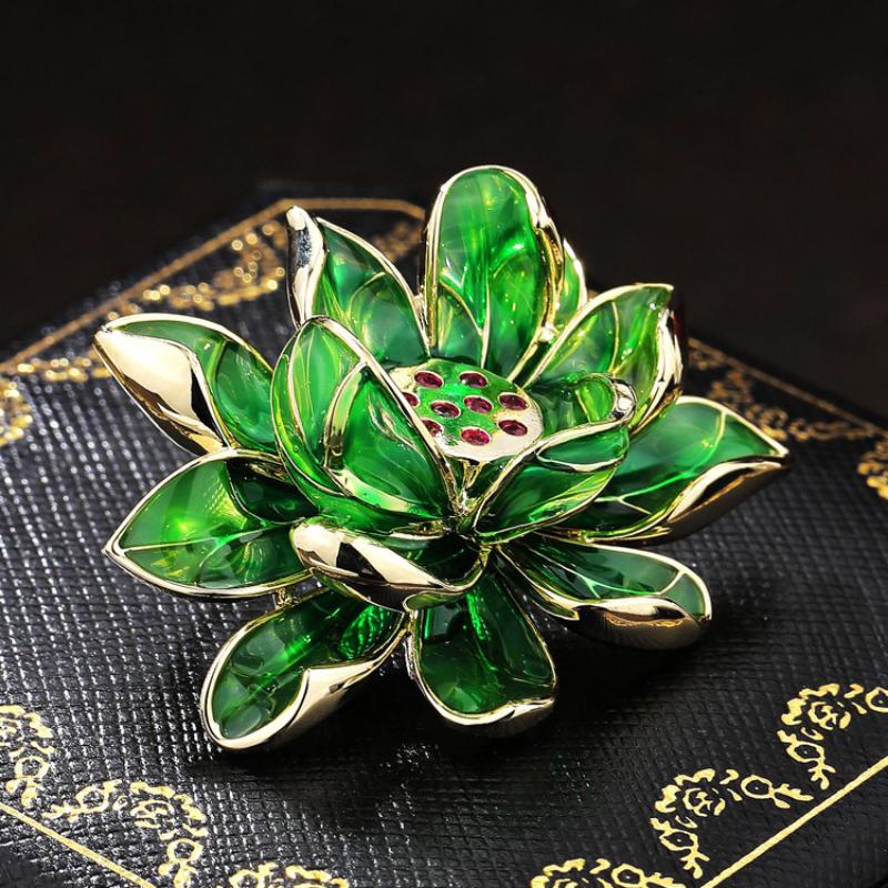 Green Lotus High-end Women's Exquisite Enamel Lotus Feel Brooch