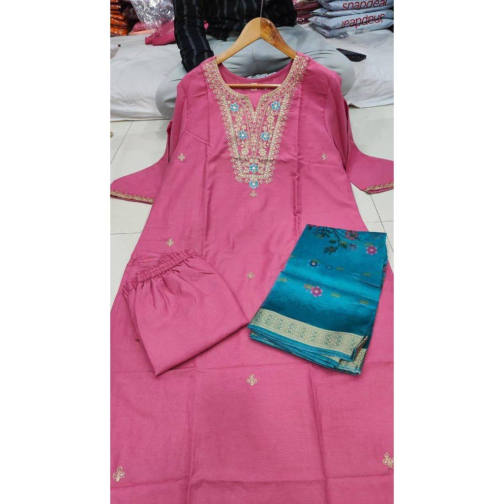 Women's Viscose Silk Embroidered Straight Kurta with Pant And Dupatta Sets