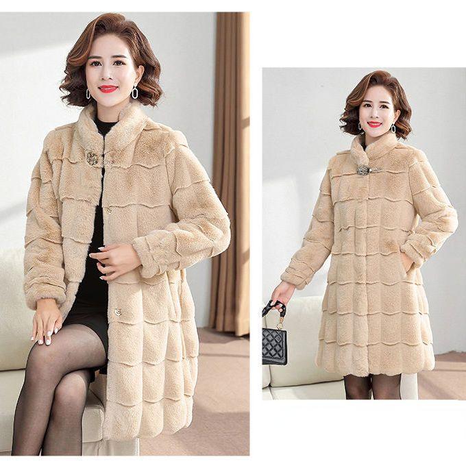 Winter Elegant Solid Color Faux Fur Lapel Textured Long Sleeve Coat - Thermal, Button Front Non-Elastic, Fall and Winter Seasons
