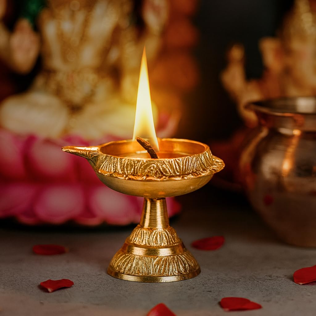 Pure Brass Kuber Diya with Stand Akhand Deepak Jyoti Oil Lamp Handcrafted Pital Vilakku for Mandir Temples Home Pooja Decoration Diwali