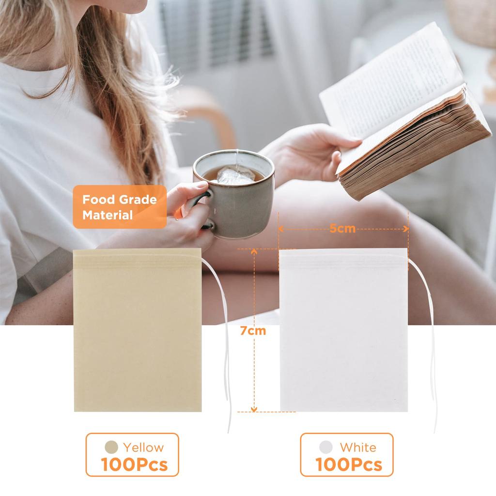Simpeak 200 Tea Bags with String, Disposable Tea Strainer, Empty Tea Bag Filters, Unbleached, Natural, for Loose Leaf Tea & Coffee (57cm)