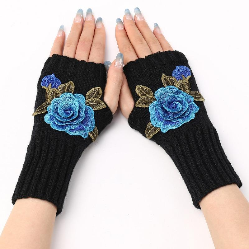 Botvotee Y2k Accessories Arm Warmers Sleeves for Women Flower Fashion Half Finger Knit Winter Arm Guard Black Fingerless Gloves