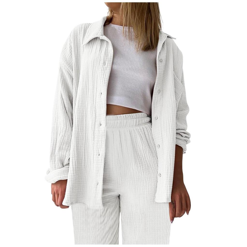 Two Piece Suit Women Summer Muslin Shirt And Trousers Clothes Two Piece Beachwear Suit Two Piece Suit Women