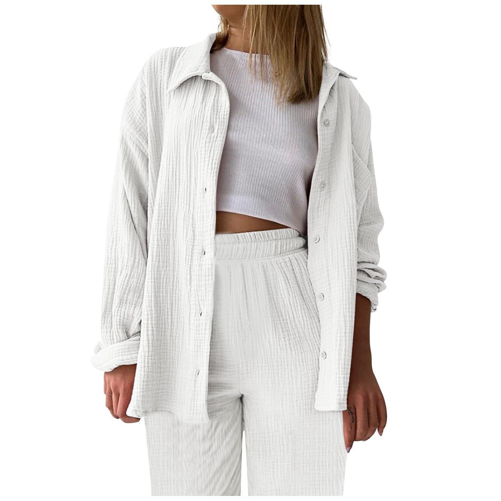 

Двухсекционный женский костюм летняя муслиновая рубашка и брюки одежда двухсекционный пляжный костюм двухсекционный женский костюм S белый