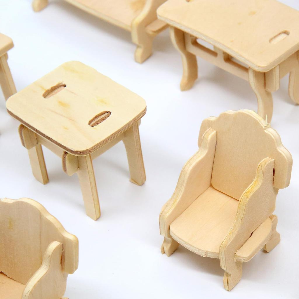 CUTEROOM Dollhouse Miniature Furniture 34-Piece Laser-Cut Wooden 3D Puzzle for Kids Educational Toy