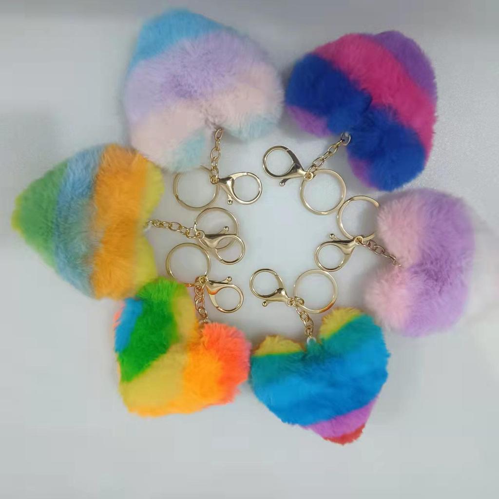 Multicolor Rainbow Heart Keychain: Faux Rabbit Fur Bag Charm & Car Accessory