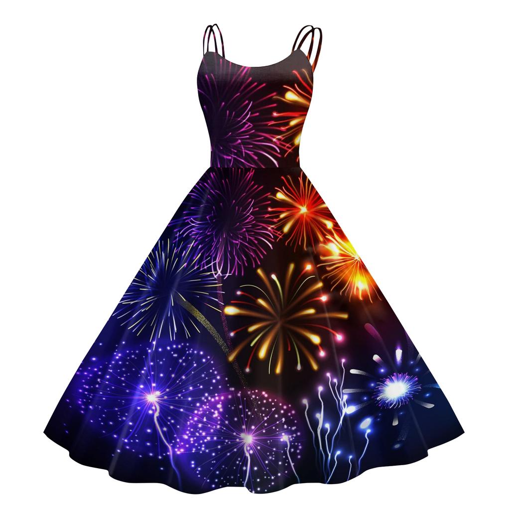 Dámské Novoroční Tištěné Ležérní Módní Midi Šaty s Kulatým Výstřihem