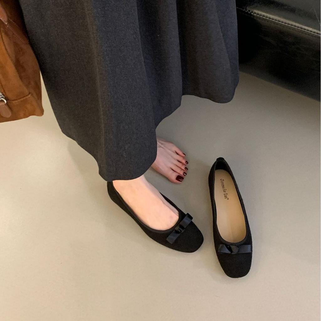 2025 new round head suede bow light mouth foot cover versatile thin commuter soft sole foot cover women's single shoes