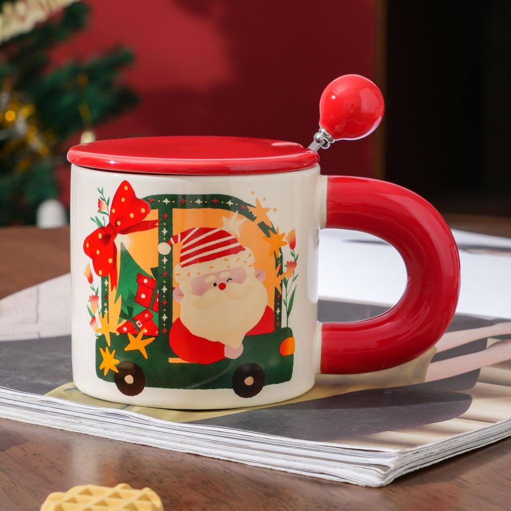 Christmas Gift Mug with Lid Spoon Santa Cup Christmas Eve with Small Gifts for Employees and Customers