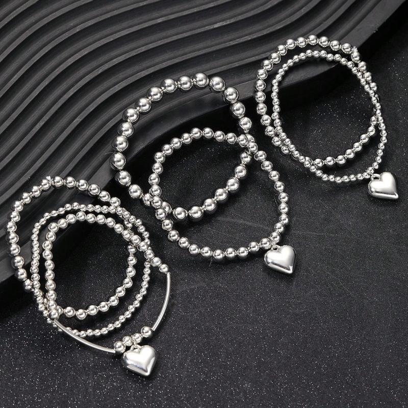 7Pcs Stacked French Beaded Love Pendant Bracelet Women's Simple Imitation Pearl Elastic Jewelry