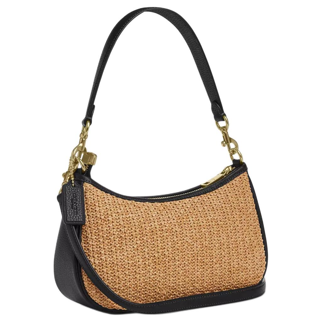 Coach Teri 24 Brand Logo Straw And Leather Tote Shoulder Bag Medium Women Bags Khaki Black CAL90-IMXUB