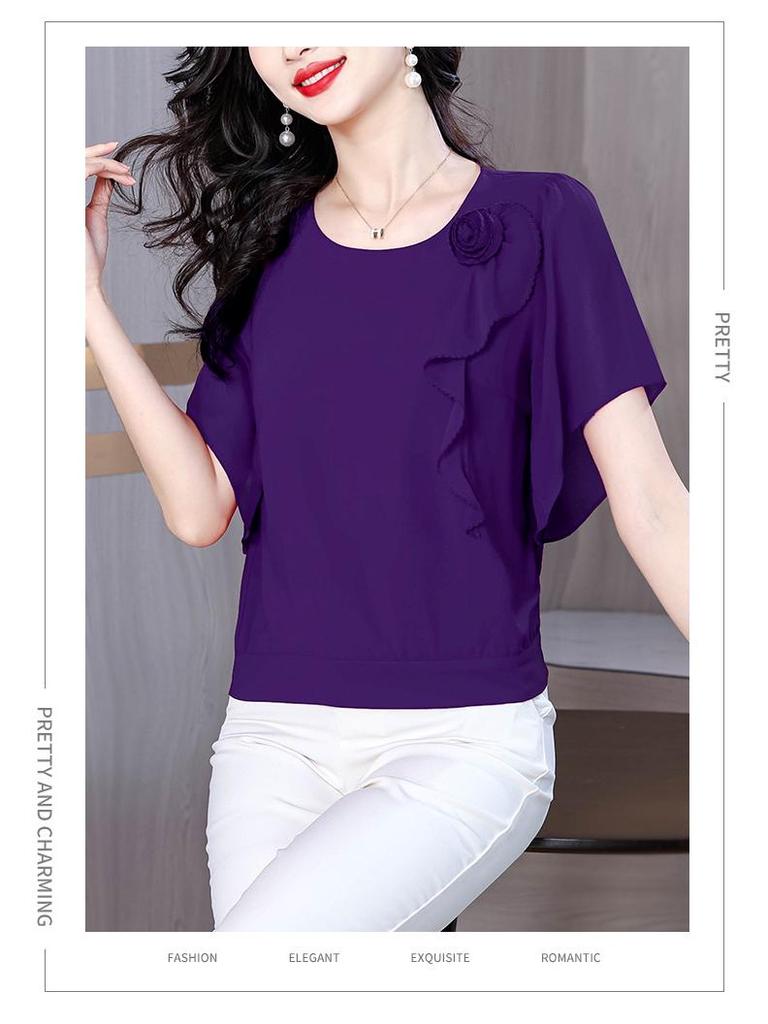 2025 Summer Chic Chiffon Blouse: Women's Floral Short-Sleeve Top
